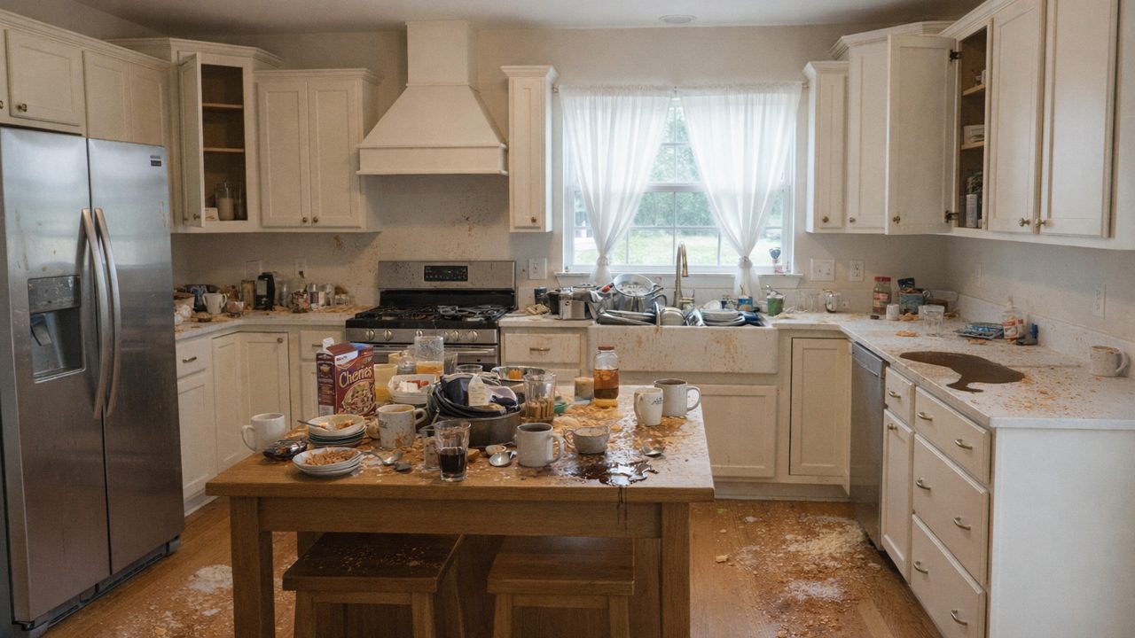 Kitchen sink piled with dirty dishes before a cleaning